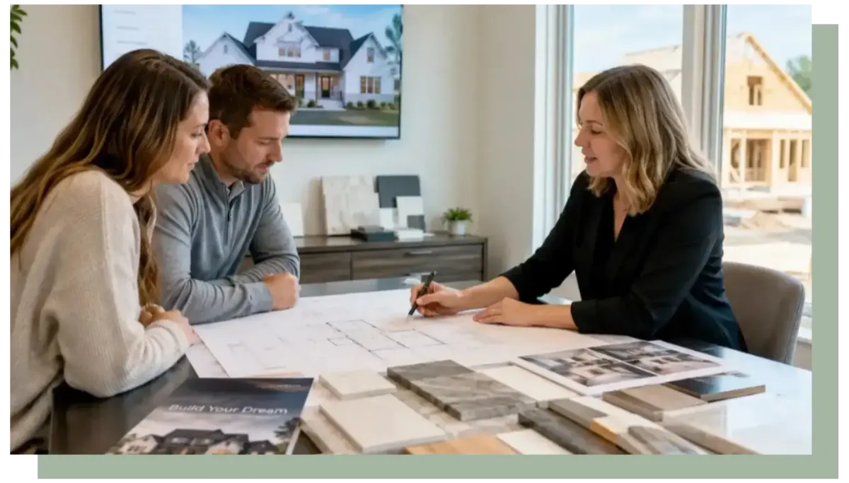 Real estate agent meeting with a couple sitting at a desk reviewing documents