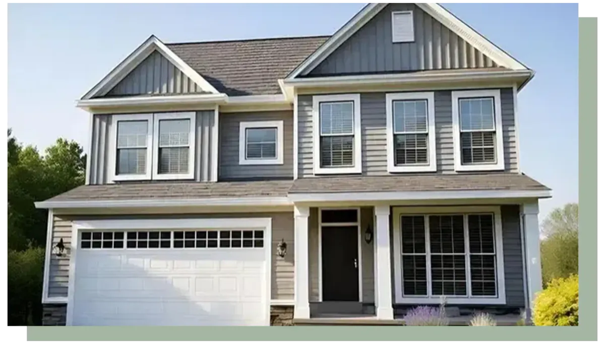 Large suburban house with garage and moving boxes packed outside