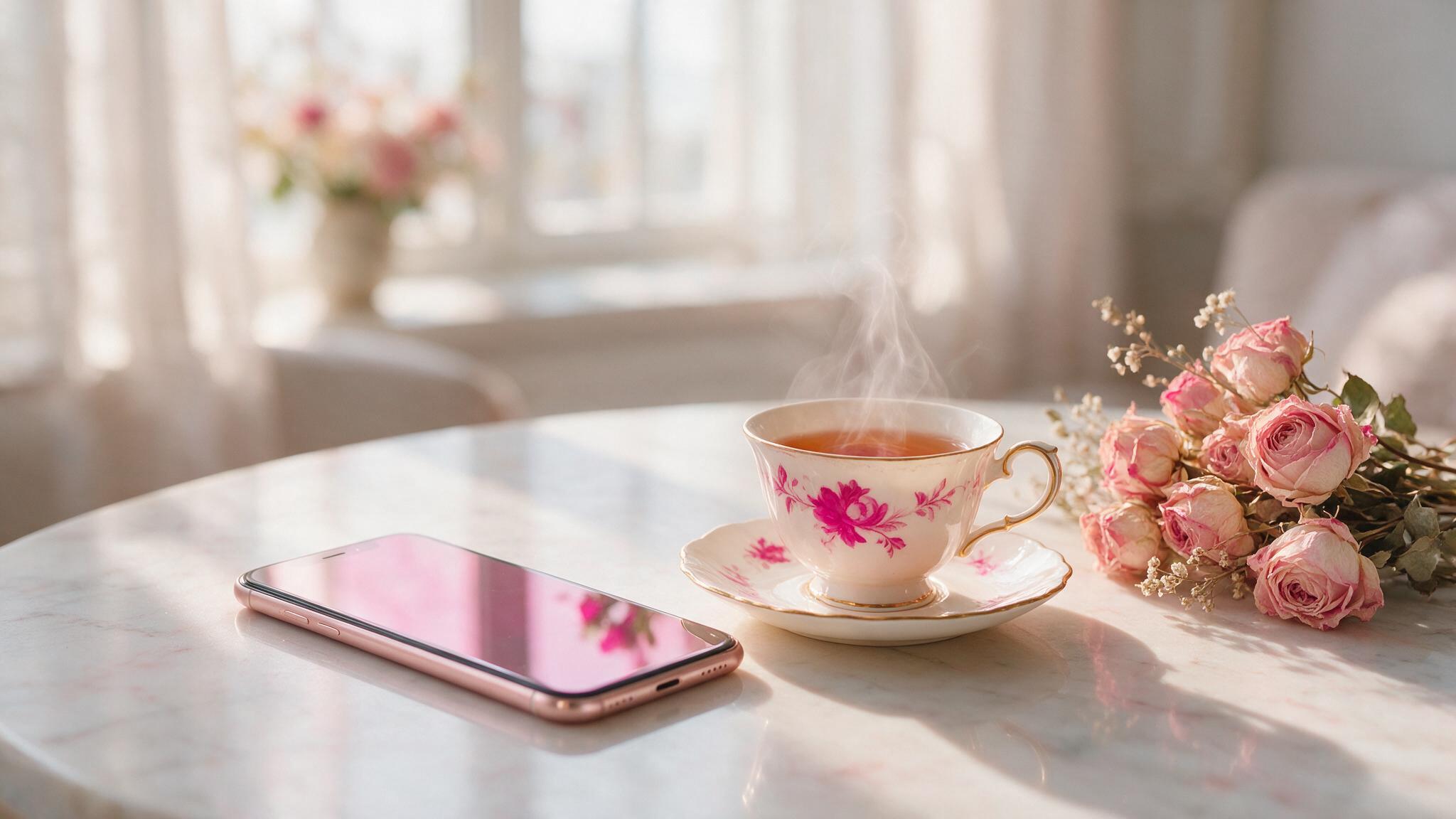 Smartphone posé sur une table en marbre rosé près d'une tasse — décoder ses messages quand il devient distant