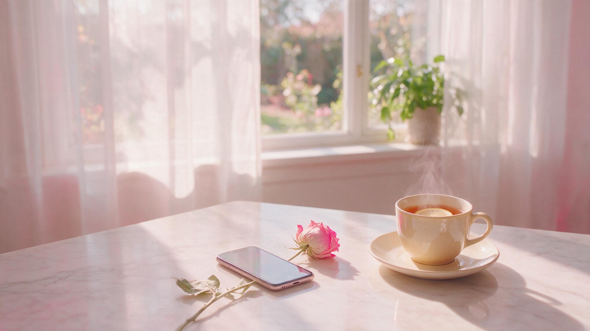 Smartphone posé sur un marbre rosé près d'une rose séchée — pourquoi mon ex revient