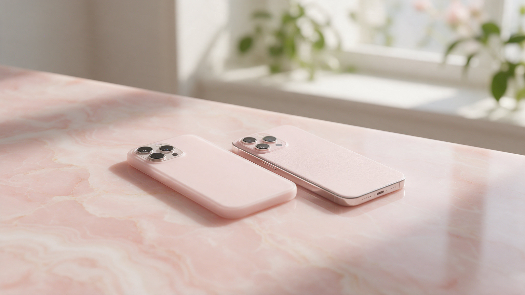 Deux téléphones posés côte à côte sur un marbre rosé, lumière douce — love bombing ou réel intérêt, comment faire la différence