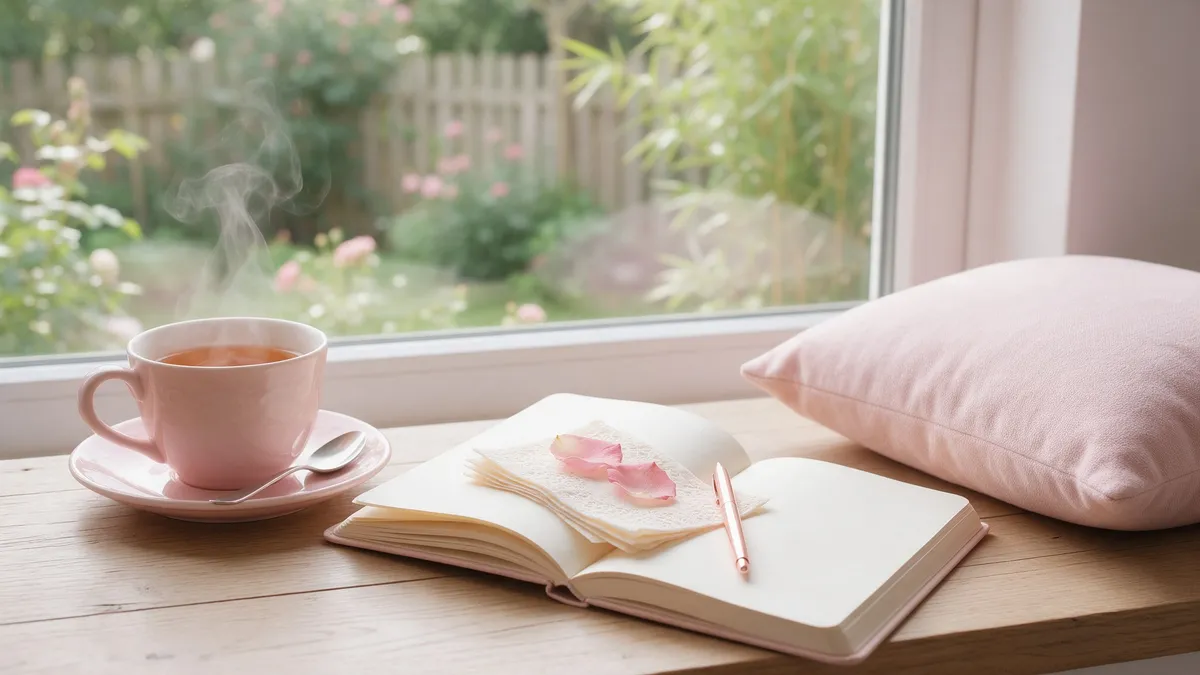 Tasse de thé et carnet ouvert sur coussin rose poudré, ambiance de coaching bienveillant pour surmonter un ghosting