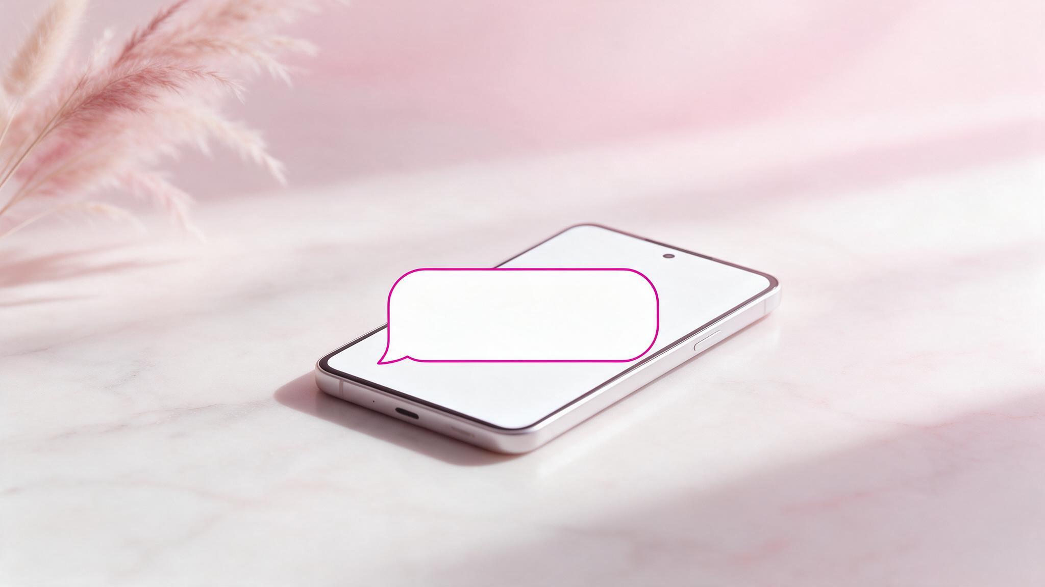 Smartphone posé sur du marbre rosé avec une bulle de message vide — le silence radio avec un évitant