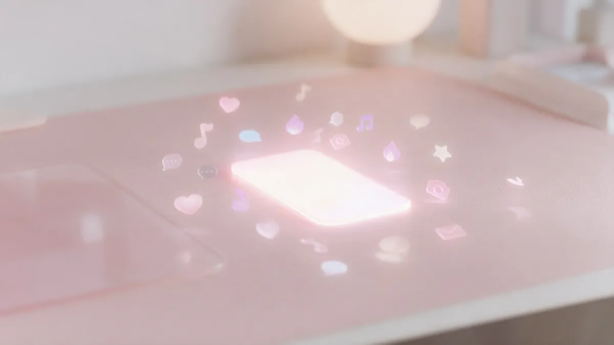 Smartphone lumineux entouré d'icônes d'applications sur fond rose poudré, outils contre le ghosting en ligne