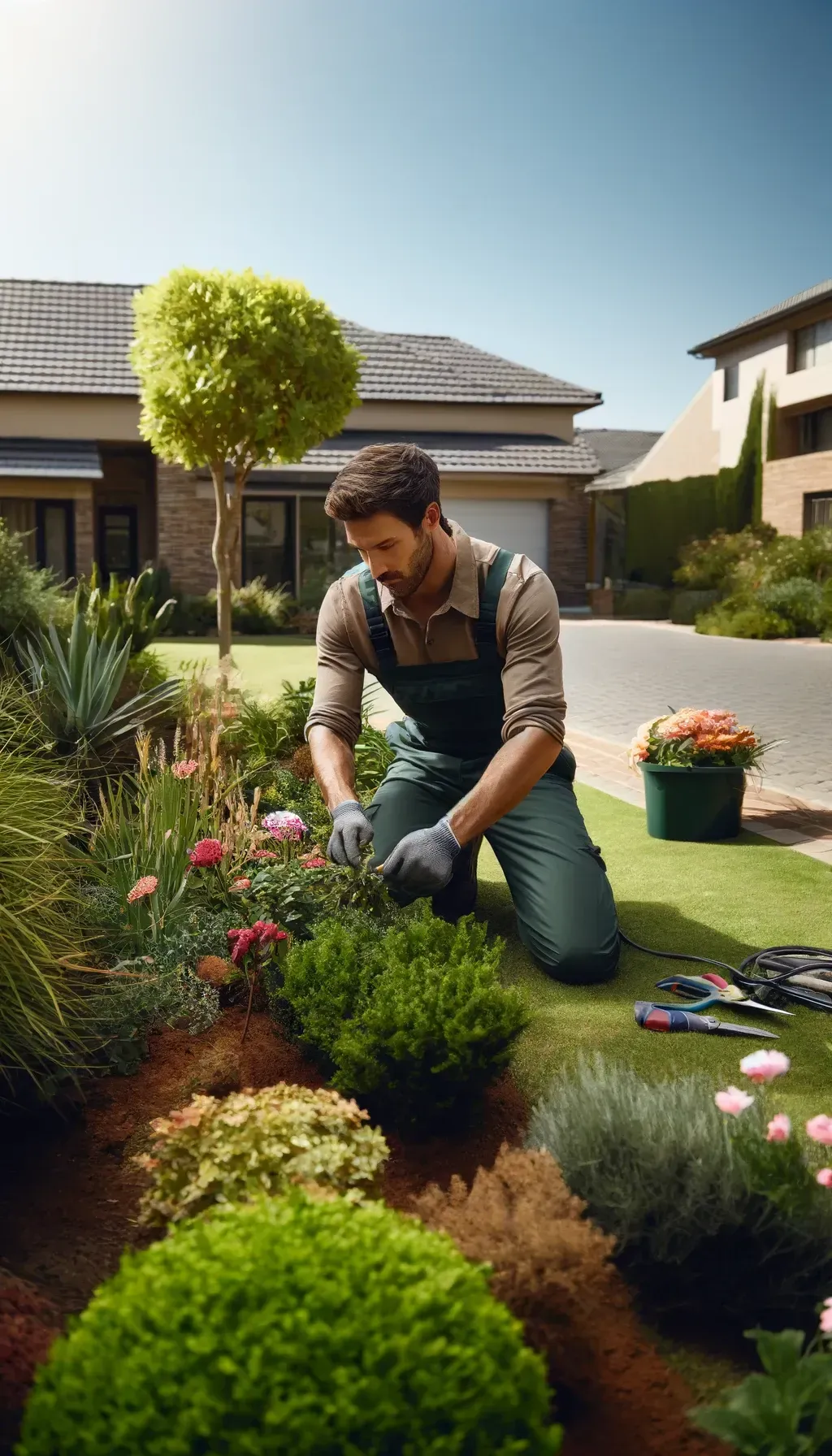 Vertical image of a professional gardener performing weekly maintenance in a lush garden in Pretoria, South Africa. The gardener, dressed in a uniform, is attentively pruning and caring for vibrant flower beds. The background features a neatly trimmed lawn and scattered garden tools, under a clear, sunny sky, depicting a typical day of meticulous garden work.