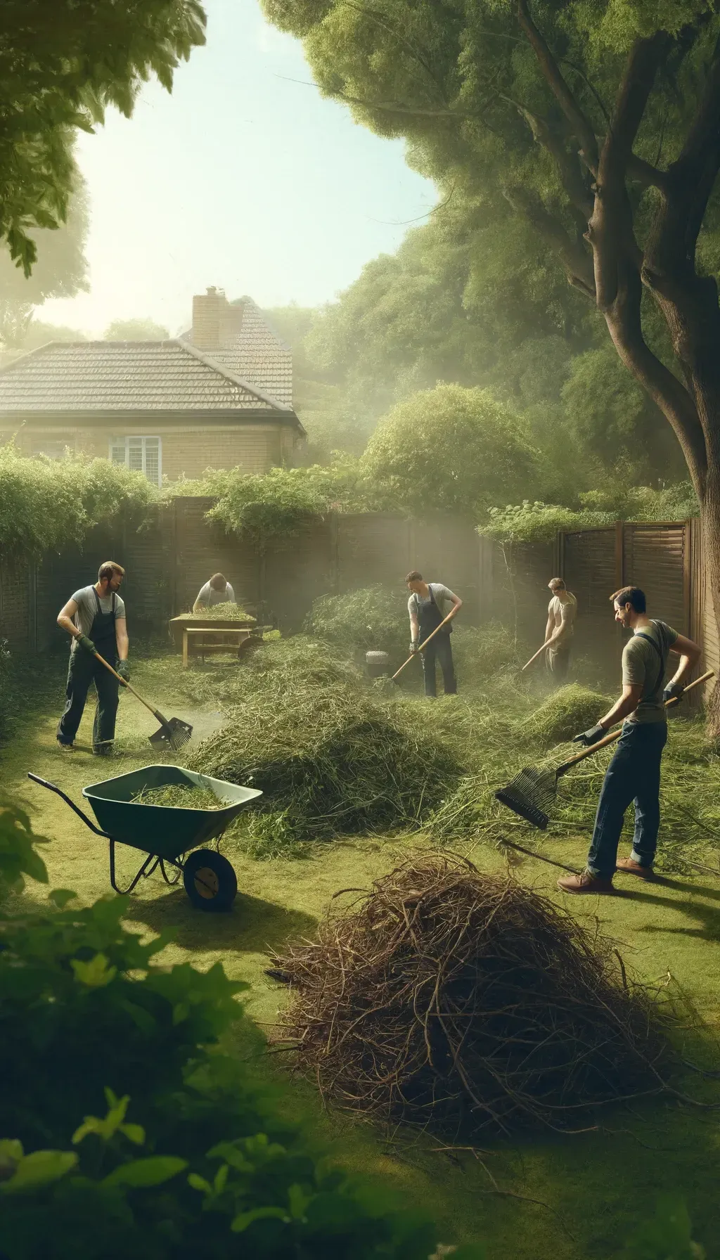 Vertical image of a realistic garden clean-up scene in Pretoria, South Africa, featuring a team of three gardeners, two men and one woman, in uniforms. They are busily engaged in clearing an overgrown backyard using rakes, shears, and a wheelbarrow. The natural lighting and shadows enhance the authenticity of the scene, showing piles of garden waste and trimmed branches, reflecting the intensity of their work.