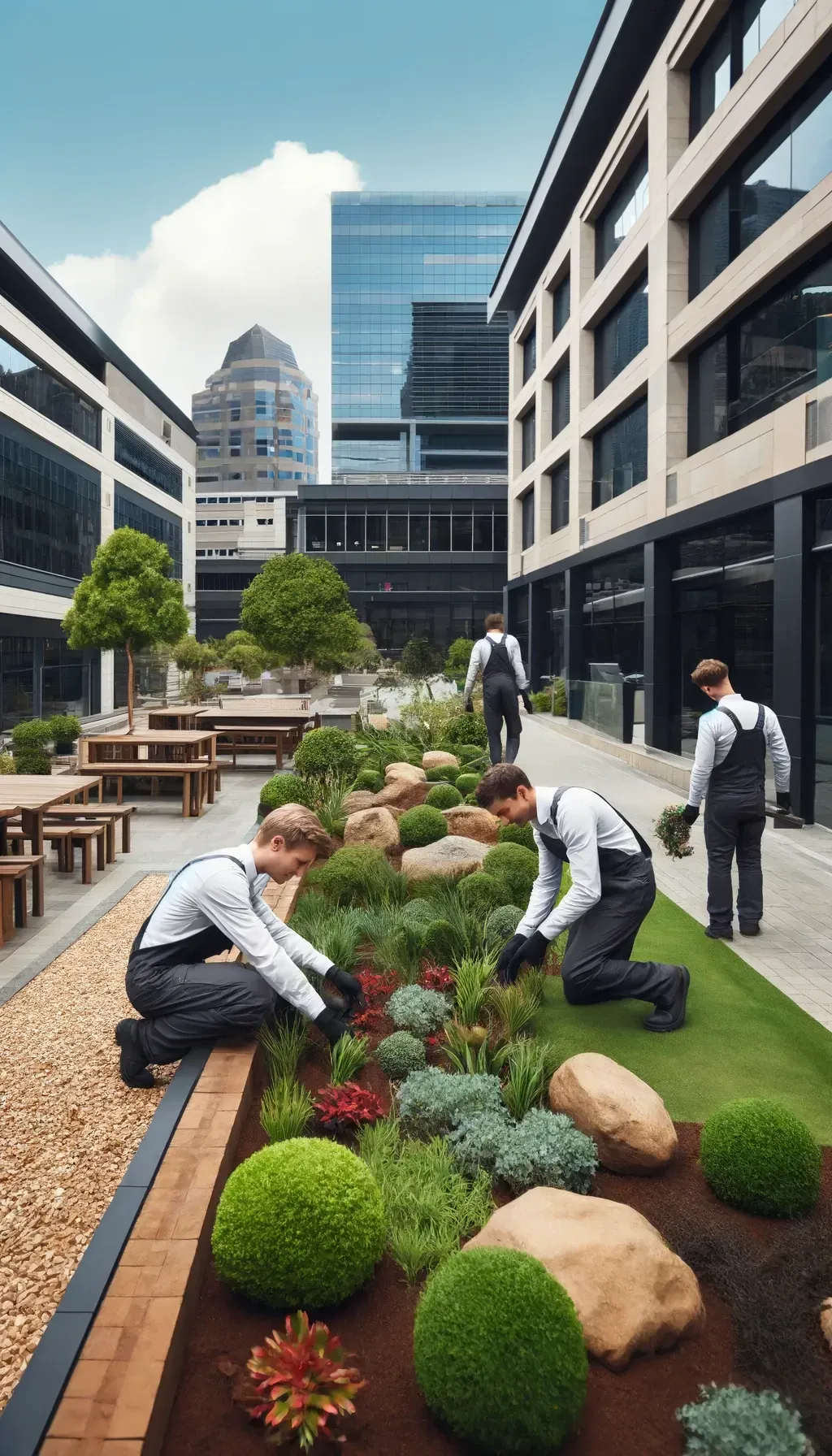 Vertical image of a professional gardening team at a large corporate office complex in Pretoria, South Africa, providing corporate garden services. The gardeners, in corporate uniforms, are engaged in landscaping activities such as planting shrubs, arranging decorative rocks, and maintaining a neat lawn. The backdrop features contemporary office buildings and well-designed pathways, showcasing a lush and professionally maintained corporate garden.