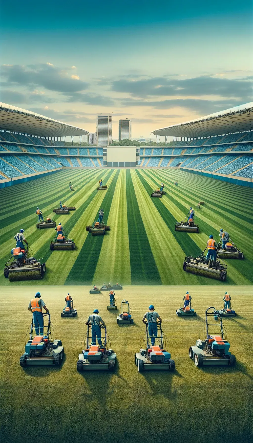 Vertical image of industrial mowing services at a large sports field in Pretoria, South Africa, showcasing a team of gardeners using large industrial mowers. The gardeners, equipped with safety gear, are efficiently mowing the grass, creating uniform patterns across the expansive field. The background features the distant skyline of Pretoria, highlighting the professional scale and precision of the service.