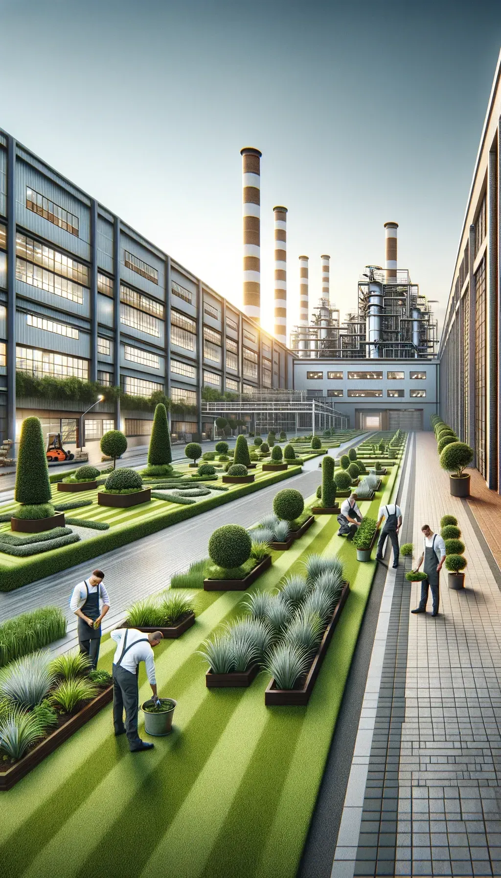 Vertical image of landscapers working at an industrial complex in Pretoria, South Africa, showcasing business and factory landscaping. The team, composed of both men and women in professional attire, is installing ornamental plants and maintaining neatly trimmed lawns. The background features modern factory buildings, highlighting well-designed green spaces that blend industrial elements with natural beauty to enhance the work environment.