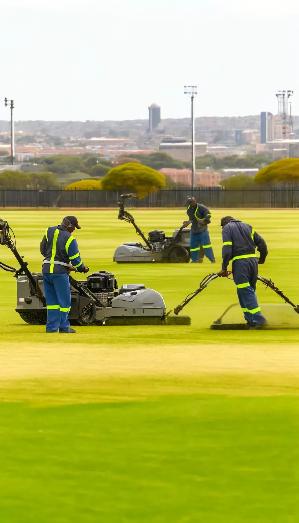 Vertical image capturing a highly realistic scene of industrial mowing on a large sports field in Pretoria, South Africa. The image features a team of gardeners in professional safety gear, actively using heavy-duty mowers under realistic sunlight conditions. The detailed depiction of the gardeners and machinery, set against a panoramic background of the field with distant Pretoria skyline, showcases the scale and professionalism of the operation.