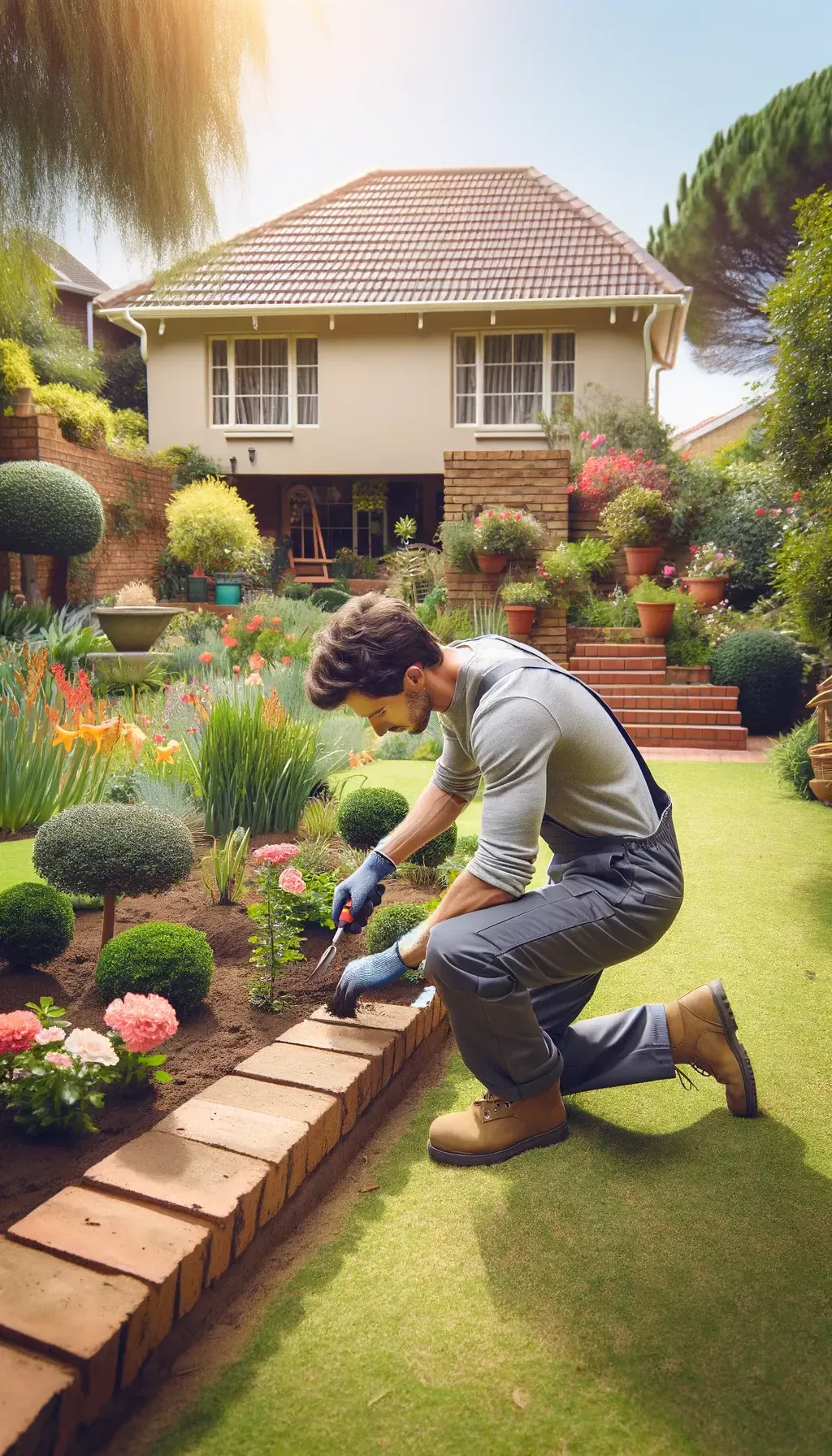 Vertical image of a gardener providing residential garden care at a home in Pretoria, South Africa. The scene shows the gardener in casual attire, planting flowers and trimming shrubs with precision tools. The sunny backdrop features a well-maintained lawn, vibrant flower beds, and a charming house, emphasizing the personalized and meticulous care dedicated to residential gardens.