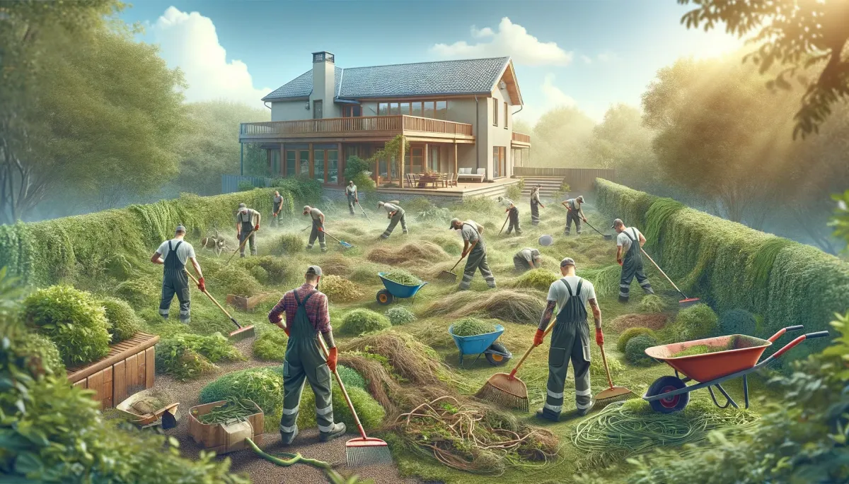 Wide image of a one-time garden clean-up service at a large residential property in Pretoria, South Africa. The photo features a team of gardeners, both men and women in work uniforms, energetically clearing overgrown vegetation and garden debris. Equipped with rakes, shears, and wheelbarrows, they transform the spacious garden under a sunny sky. The background includes part of the house, reinforcing the garden's residential context and the extensive cleanup process.