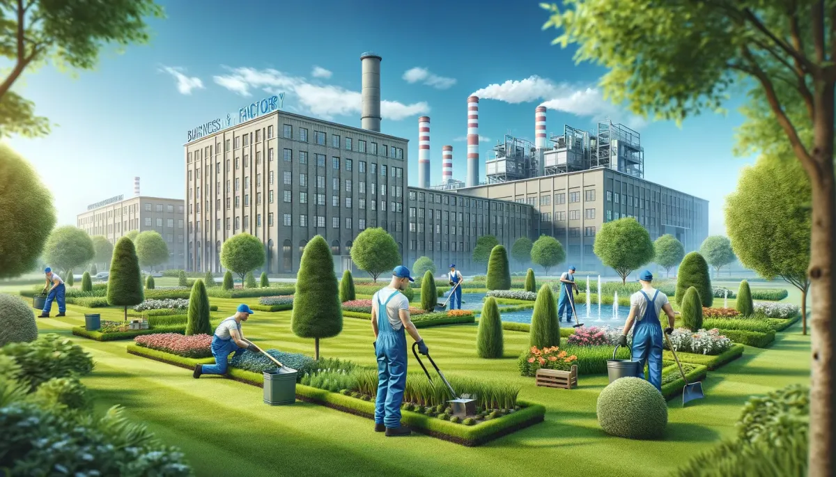 Wide image of landscapers performing business and factory landscaping at an industrial complex in Pretoria, South Africa. Professional landscapers in uniform are shown planting trees, managing flower beds, and trimming lawns around modern factory buildings. The background highlights the architectural details of the industrial buildings, integrating natural landscaping elements with the corporate environment under a bright sunny sky.