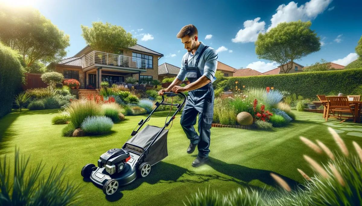 Wide image of a professional gardener performing weekly maintenance in a lush, residential backyard in Pretoria, South Africa. The gardener, in uniform, is shown mowing the lawn with a push mower. The garden is vibrant with diverse plants and flowers under a sunny sky, emphasizing the well-kept and lively outdoor space. The background includes a view of the house, integrating the garden with the residential setting.