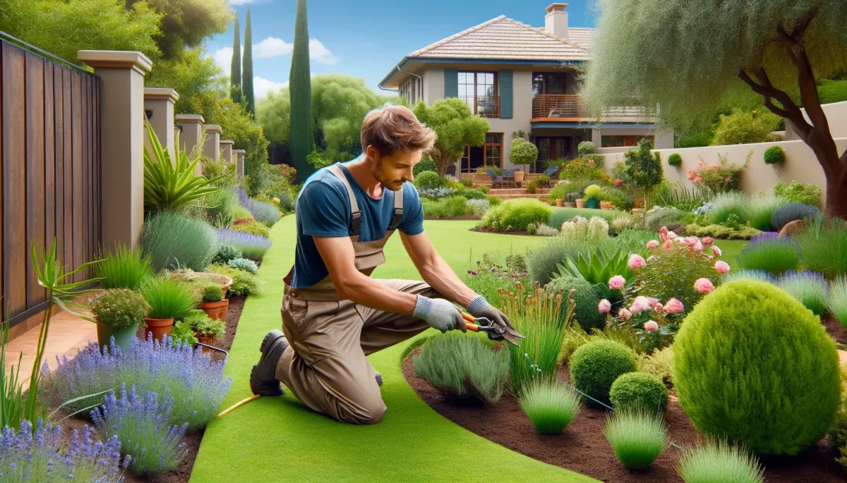 Wide image of a gardener providing residential garden care at a beautifully landscaped home in Pretoria, South Africa. The gardener, in casual work attire, is meticulously pruning and arranging plants in a vibrant garden. The scene captures the use of precise tools to enhance the aesthetic of flower beds and greenery, with a well-kept lawn and parts of the house visible in the background under a bright sunny sky, illustrating personalized and attentive garden maintenance.