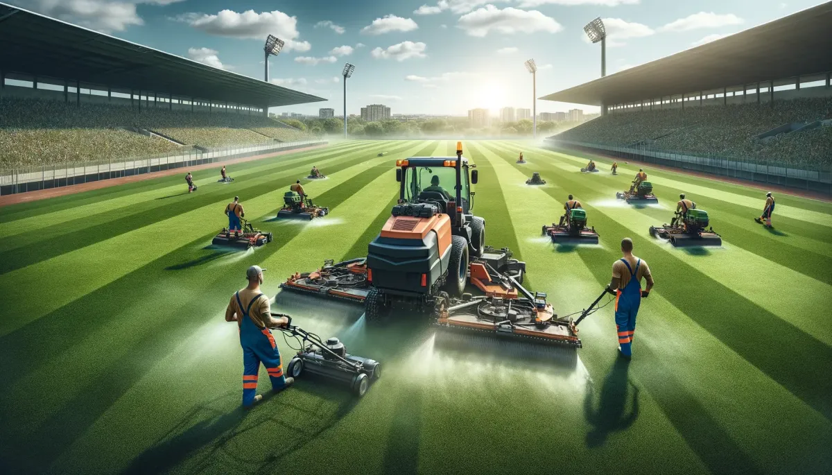 Wide image depicting industrial mowing services on a large sports field in Pretoria, South Africa. The photo shows a team of landscapers, dressed in safety gear, operating large industrial mowers. The action emphasizes the scale and efficiency of the operation against the backdrop of an expansive, well-maintained green field under a bright sunny sky, highlighting the professional nature of the work.