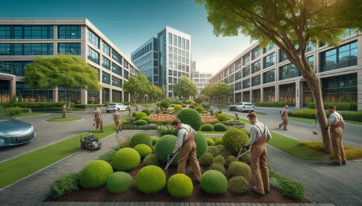 Wide image showcasing corporate garden services at a modern office park in Pretoria, South Africa. The photo captures a team of professional landscapers in company uniforms, engaged in tasks such as planting decorative shrubs, maintaining vibrant flower beds, and trimming hedges. The background features modern office buildings and a well-organized garden, illustrating the seamless integration of natural beauty within a corporate environment under a clear sunny sky.