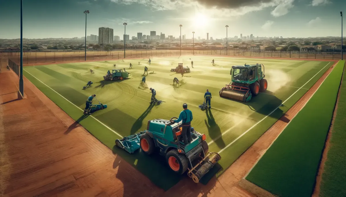 Wide image of maintenance work on a football field at a large community sports complex in Pretoria, South Africa. The image shows a team of workers in safety gear using heavy machinery for tasks like mowing, aerating, and line marking the field. The clear, sunny sky above and the well-maintained sports fields with the urban skyline of Pretoria in the background highlight the extensive care and professionalism involved in the maintenance operation.