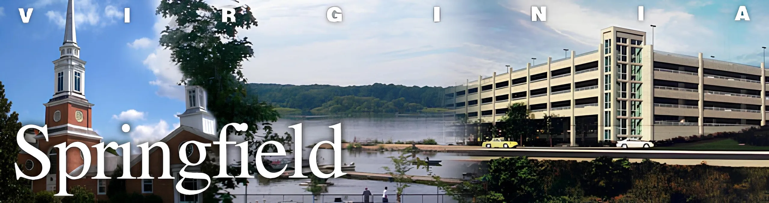 A panoramic, sunlit view of Springfield, Virginia, showing a lively town center with diverse people walking, green parks, and a mix of modern and classic buildings under a clear blue sky.