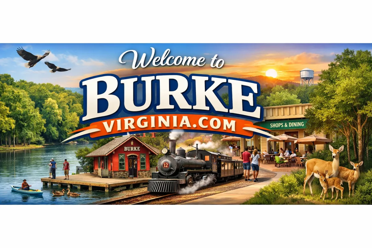 A panoramic, sunlit view of Springfield, Virginia, showing a lively town center with diverse people walking, green parks, and a mix of modern and classic buildings under a clear blue sky.