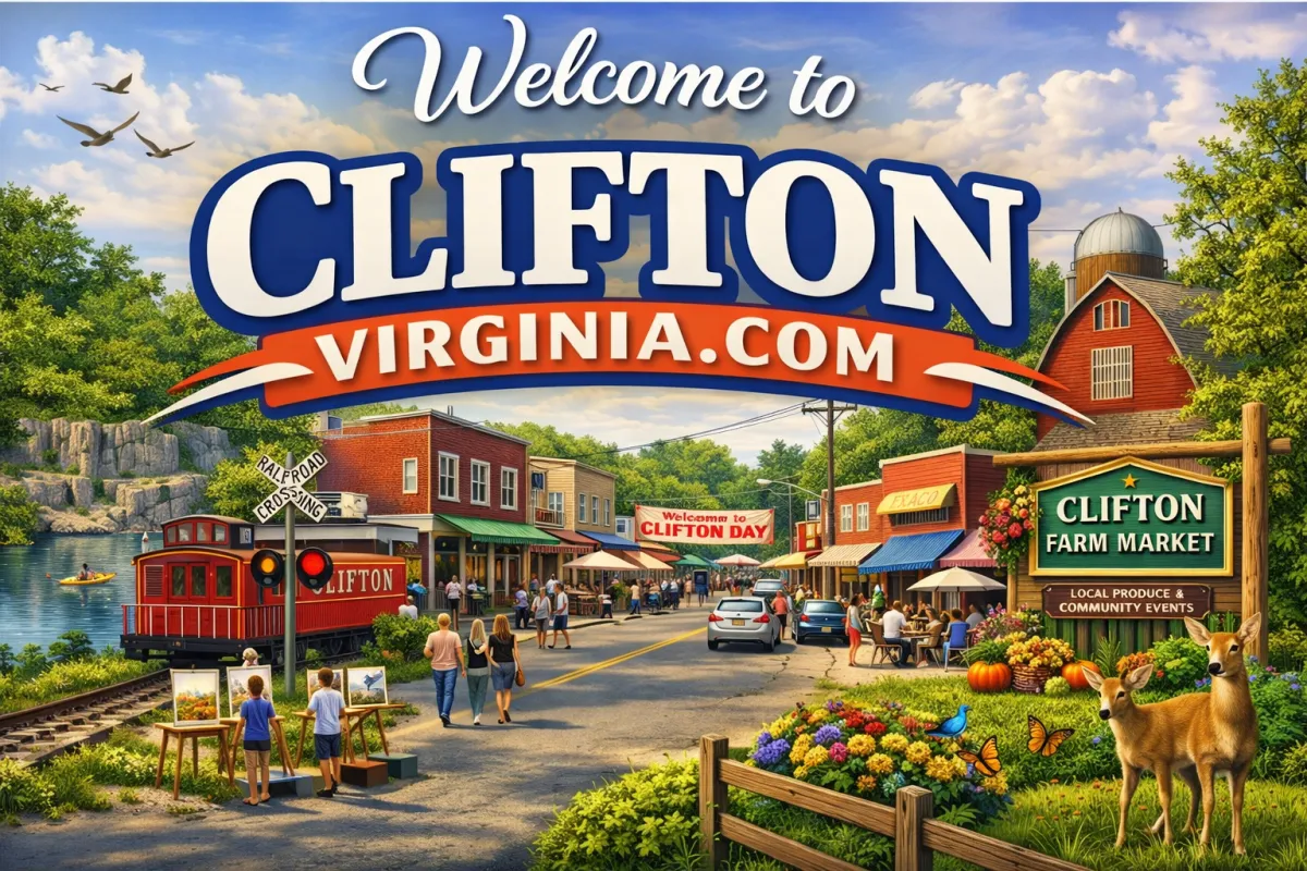 A panoramic, sunlit view of Springfield, Virginia, showing a lively town center with diverse people walking, green parks, and a mix of modern and classic buildings under a clear blue sky.