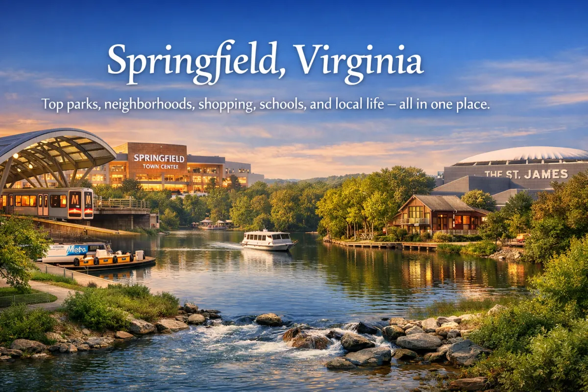 A panoramic, sunlit view of Springfield, Virginia, showing a lively town center with diverse people walking, green parks, and a mix of modern and classic buildings under a clear blue sky.