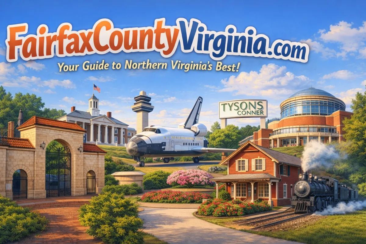 A panoramic, sunlit view of Springfield, Virginia, showing a lively town center with diverse people walking, green parks, and a mix of modern and classic buildings under a clear blue sky.