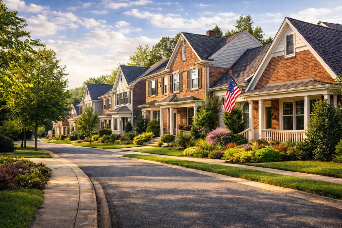 Suburban neighborhood homes in Fairfax County Virginia with tree lined streets