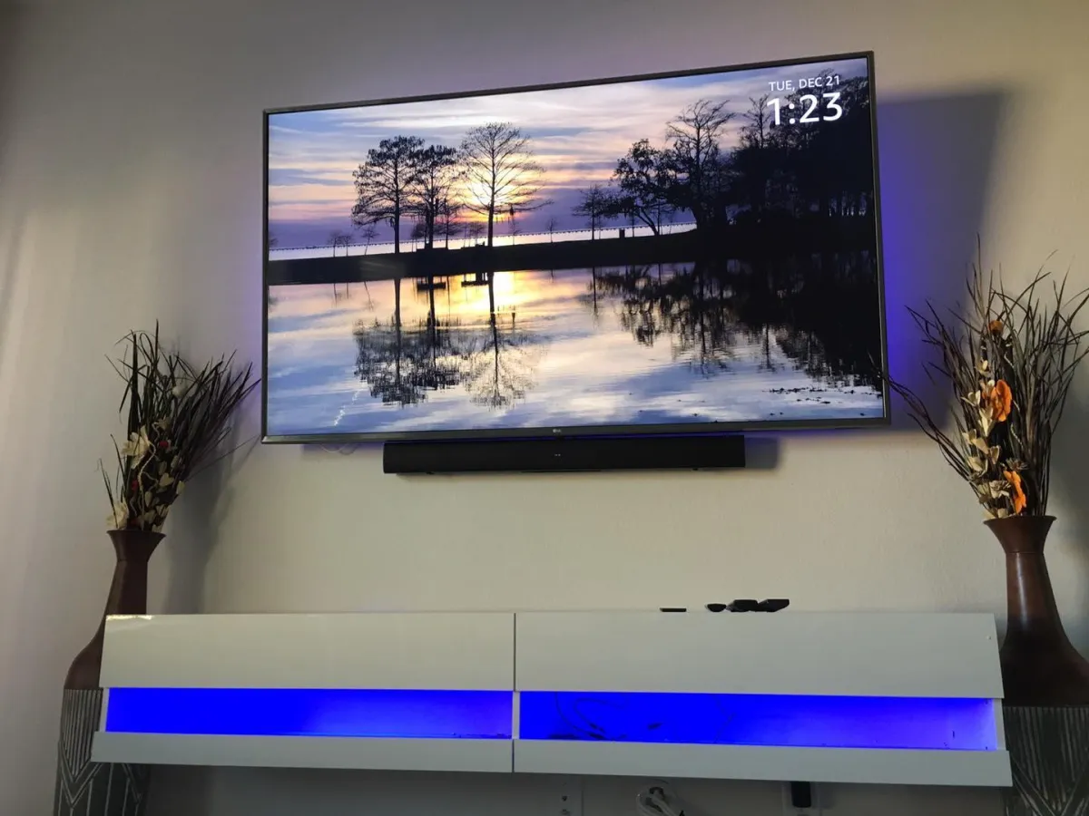 tv mounting with soundbar and floating v stand