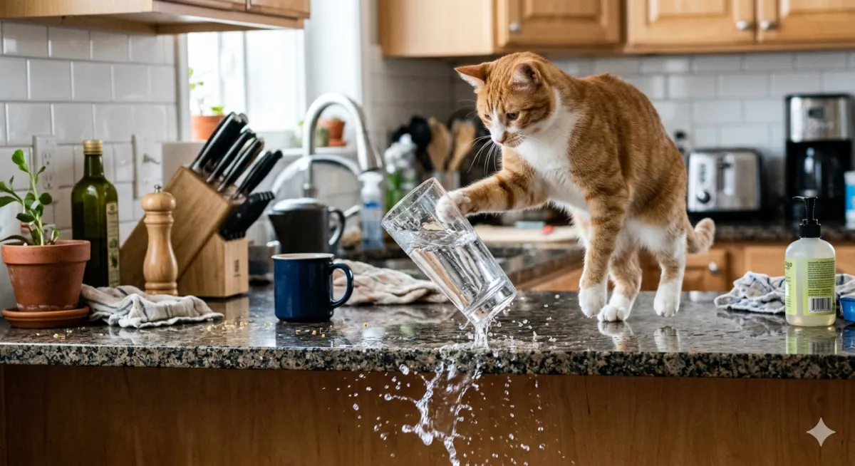 Cat looking at a mostly full bowl with dramatic despair