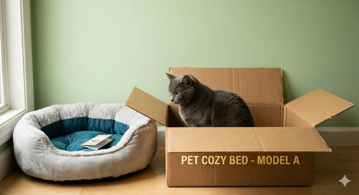 Cat sitting in a tiny cardboard box