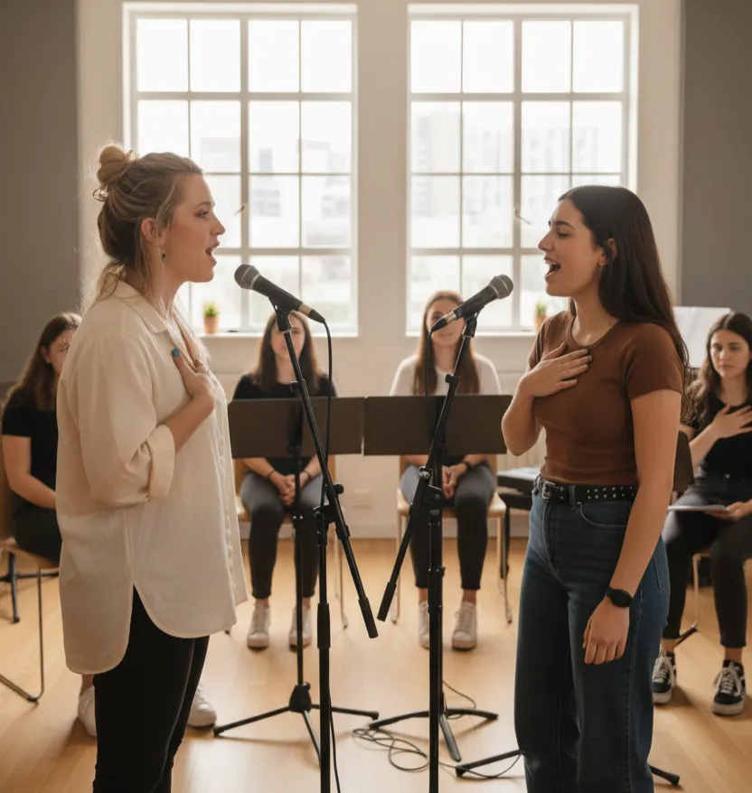a woman holding a violin in front of a forest