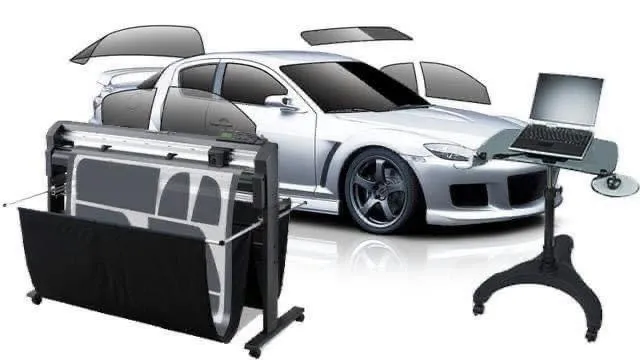 Car window tinting process with computer-cut film templates