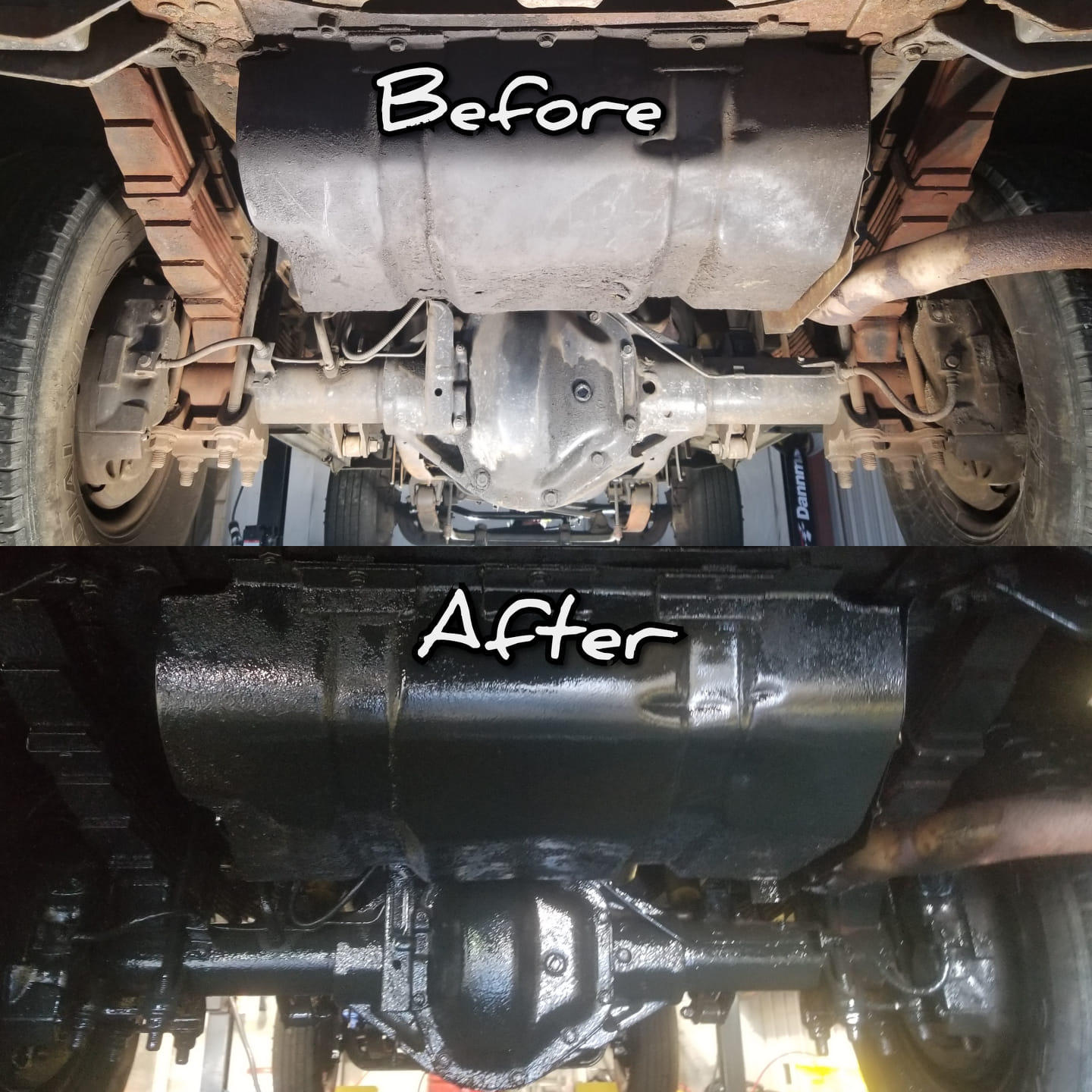 Before and after undercoating treatment on car underbody