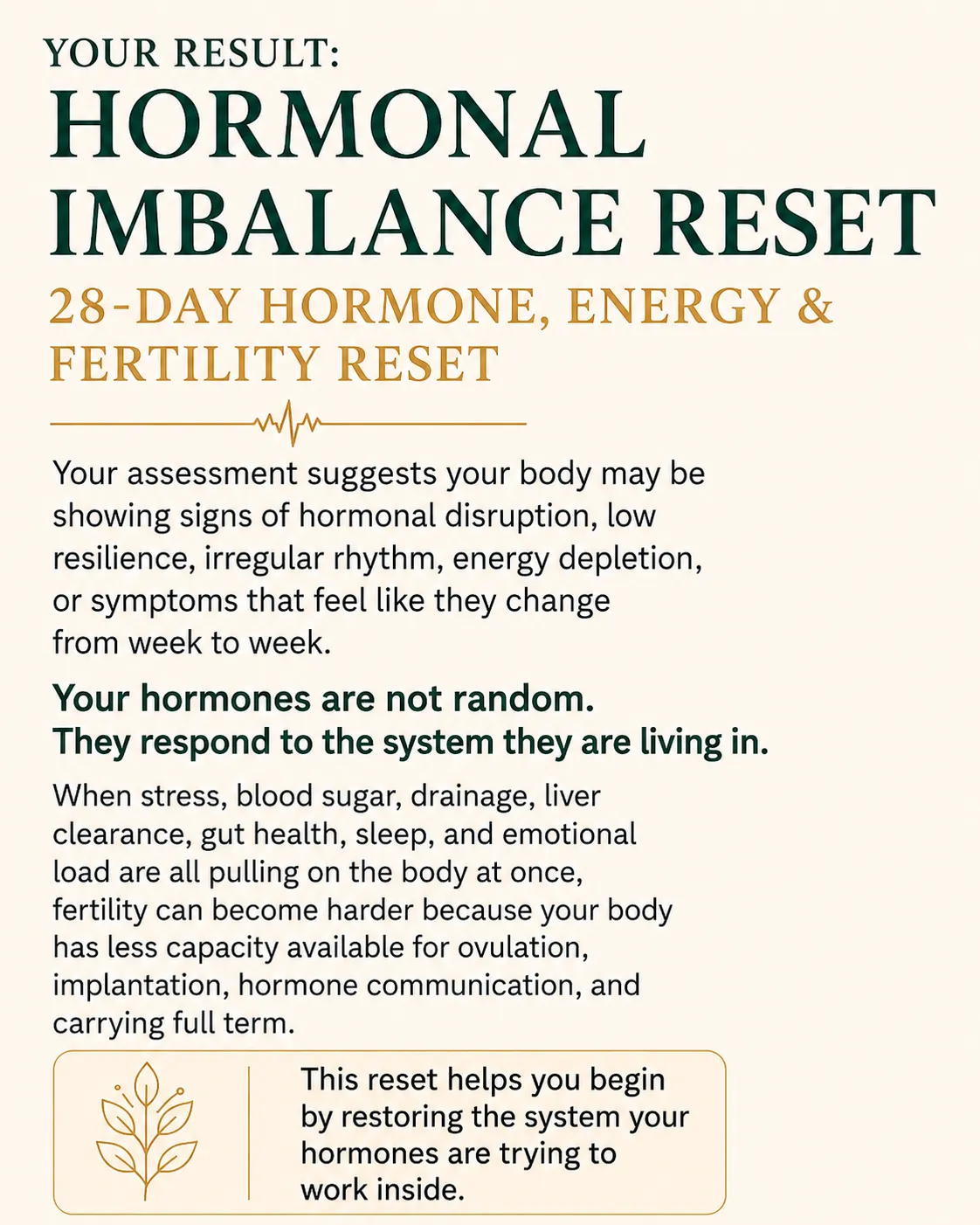 Hormonal Imbalance Reset assessment result explaining how hormonal disruption, low resilience, irregular rhythm and energy depletion may affect fertility.