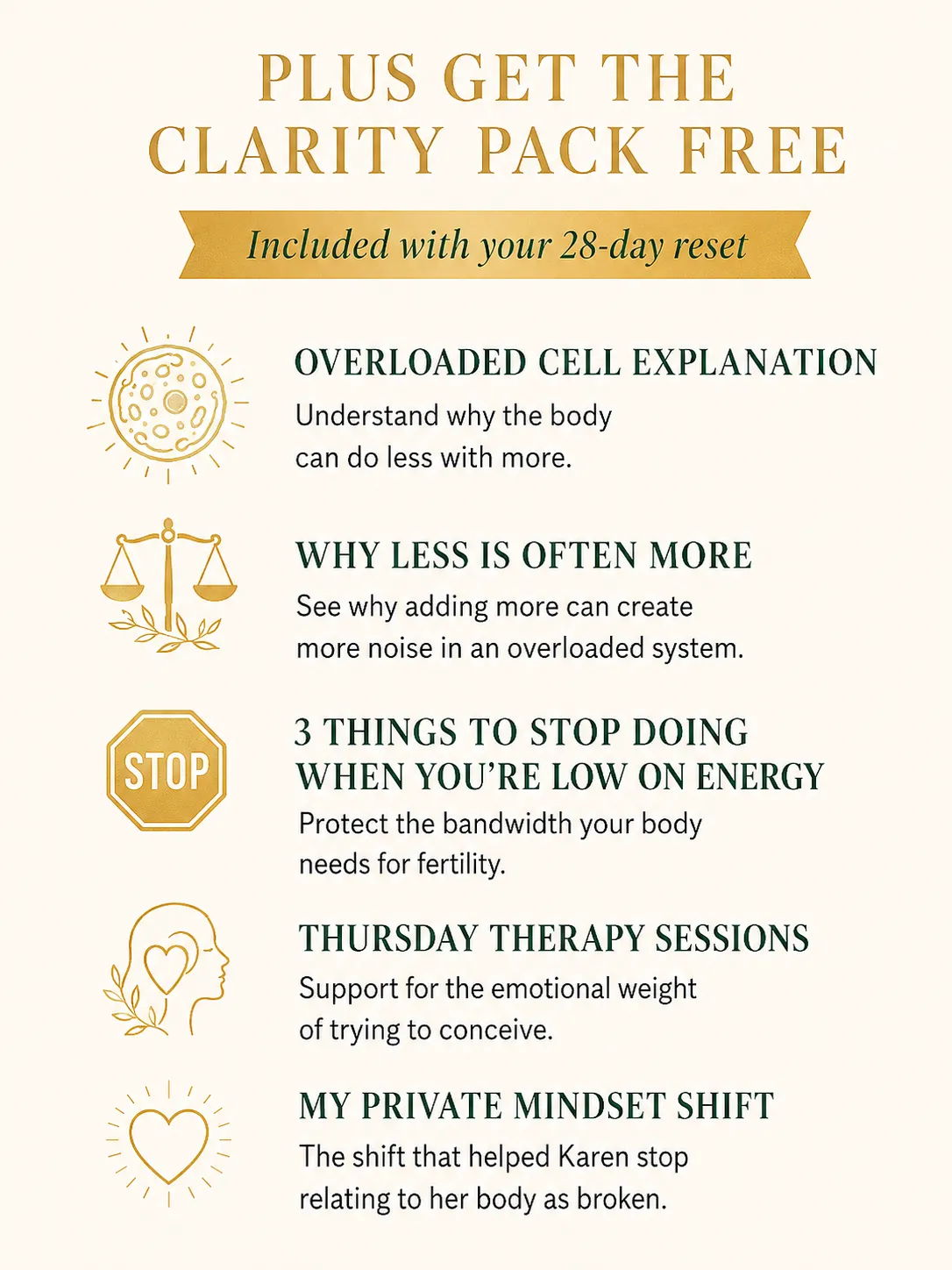 Free Clarity Pack included with the Hormonal Imbalance Reset, including the Overloaded Cell Explanation, Why Less Is Often More, 3 Things to Stop Doing, Thursday Therapy Sessions and Karen’s private mindset shift.