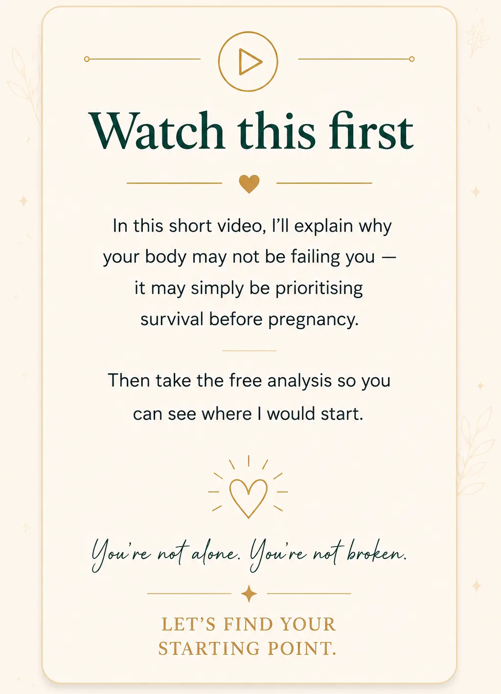 Watch this first panel in Karen Botha Fertility Bandwidth™ branding. A cream and gold information card with dark green typography explains that difficulty getting pregnant may be linked to the body prioritising survival before reproduction. The panel invites visitors to watch a short introductory video and complete a free fertility analysis to identify where support may be needed. Decorative gold icons and elegant typography reinforce a calm, reassuring fertility-focused message.