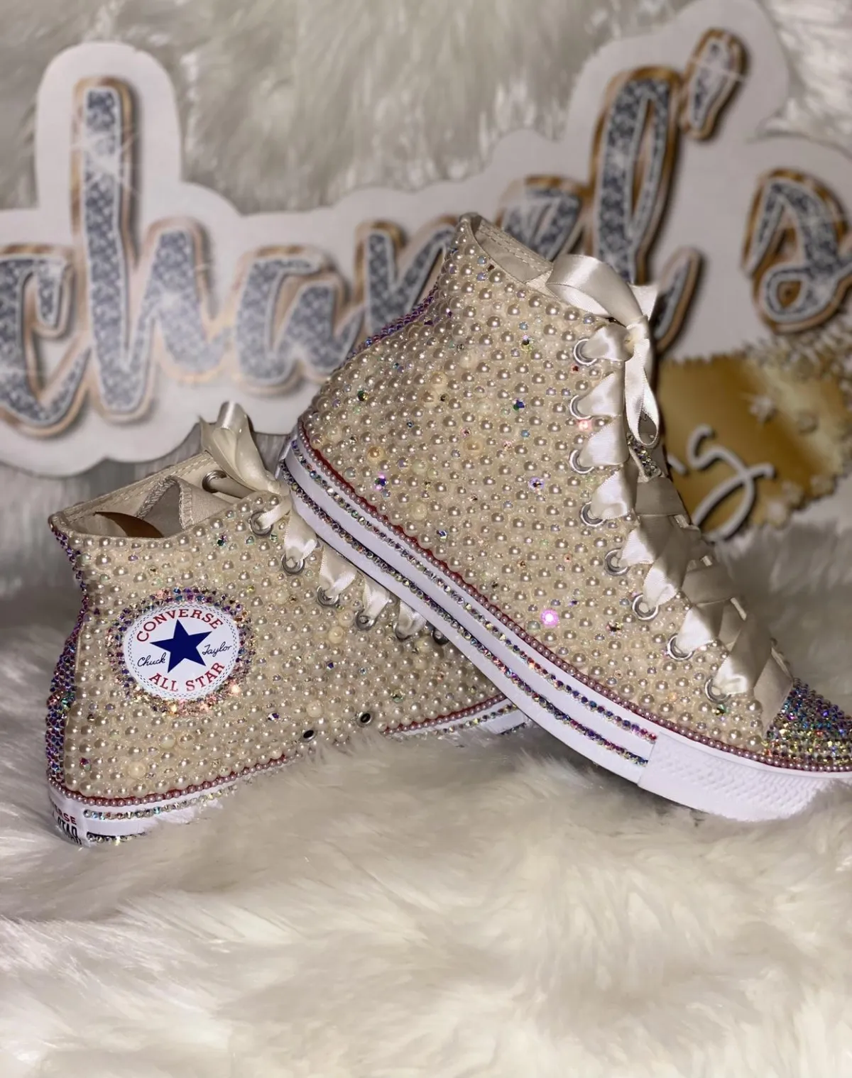 Custom pearl Converse sneakers with rhinestone toe and satin laces by Chanel’s Bling