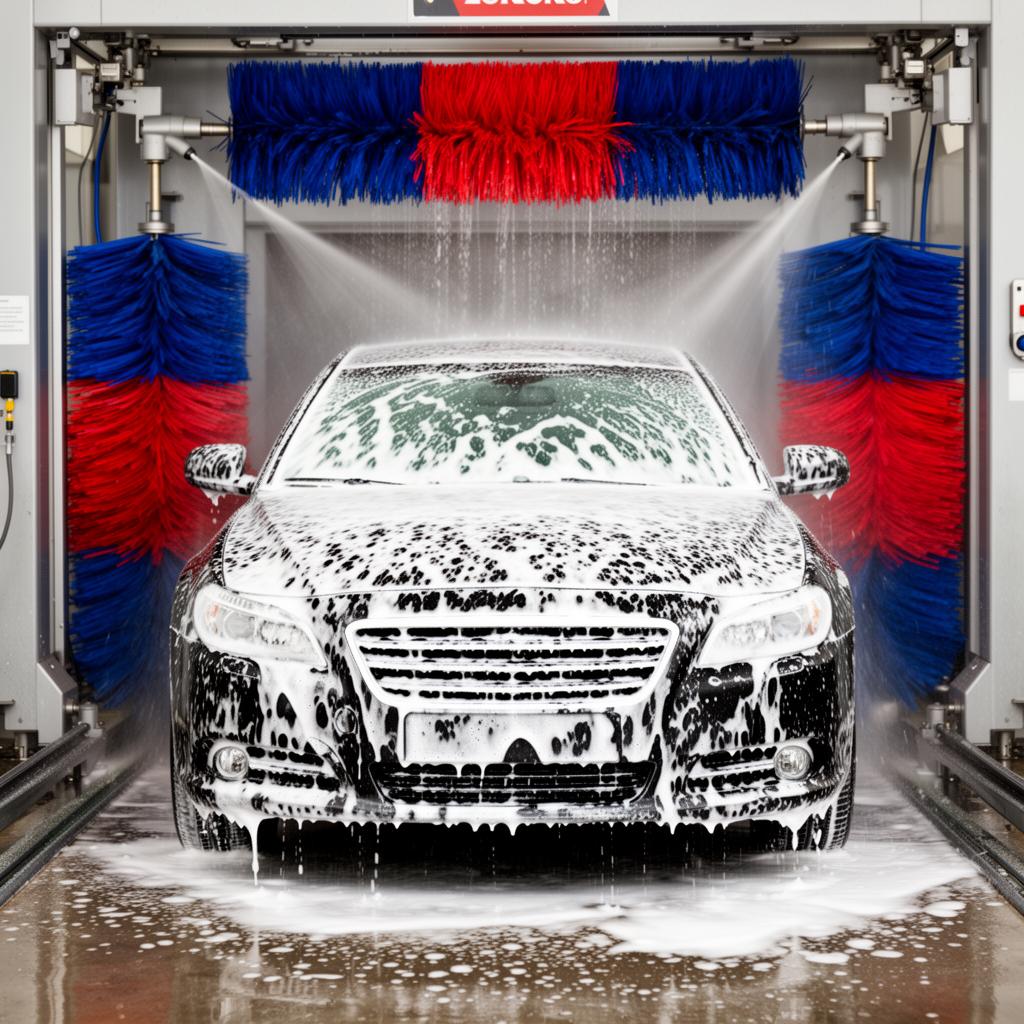 Car covered in thick foam inside automatic tunnel car wash during wash cycle