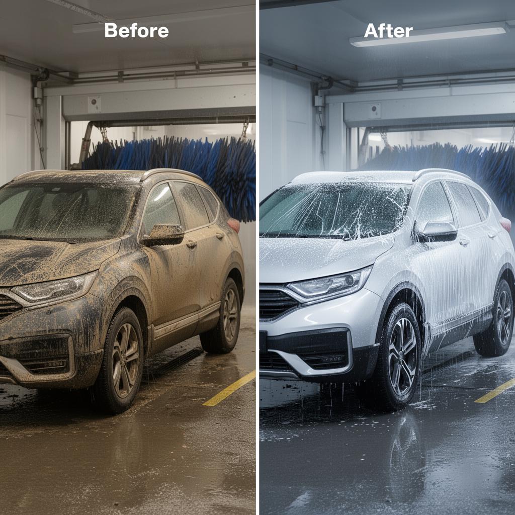 Dirty SUV before professional tunnel car wash cleaning