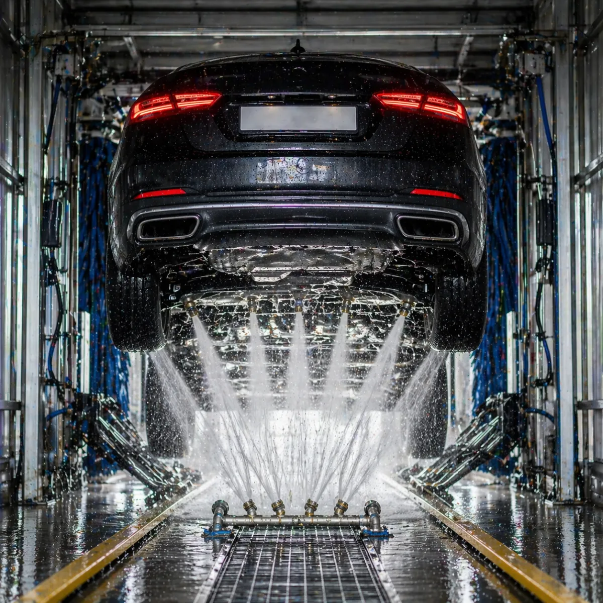 Vehicle inside high pressure tunnel car wash with water jets and rotating brushes
