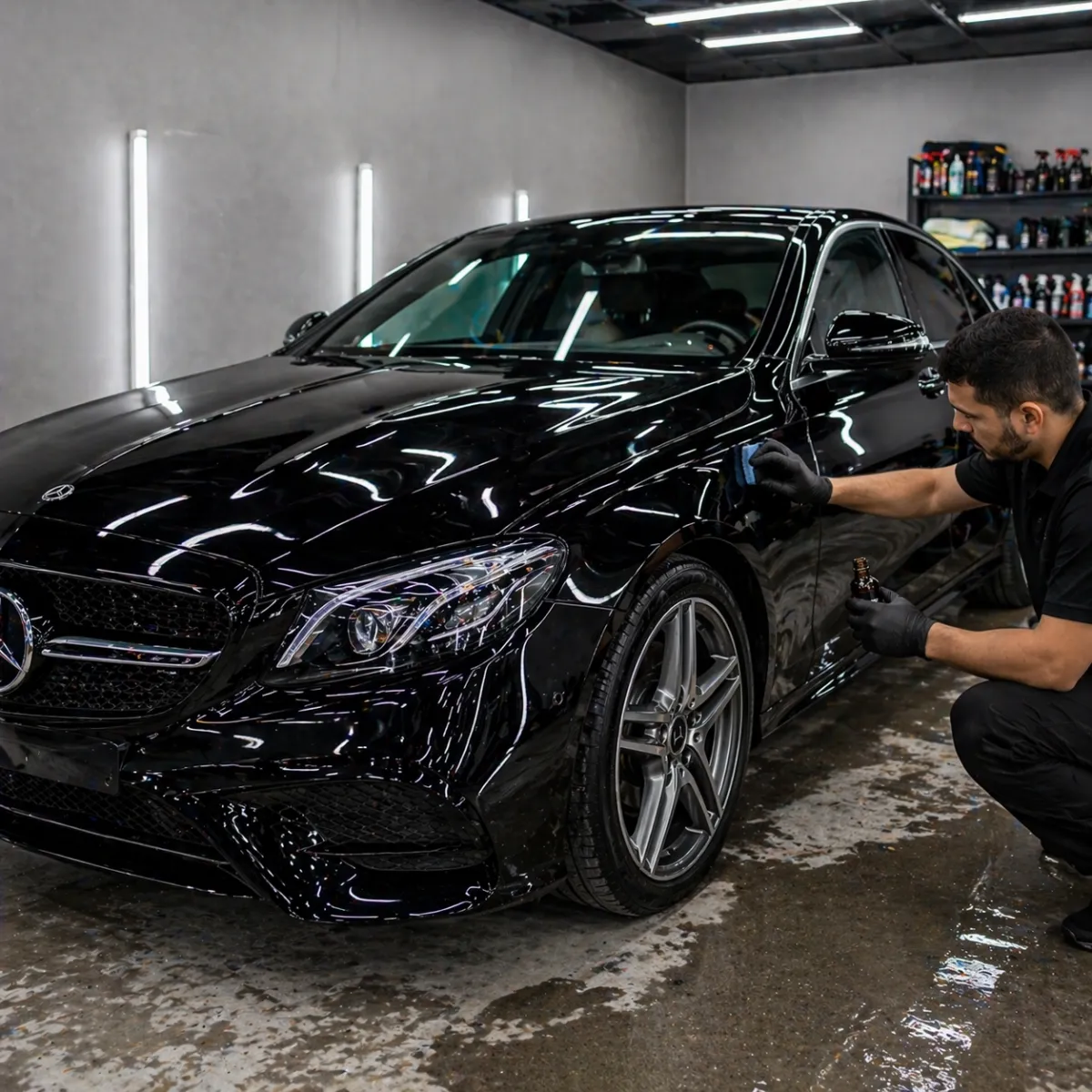 Black car receiving professional exterior wash and paint protection treatment