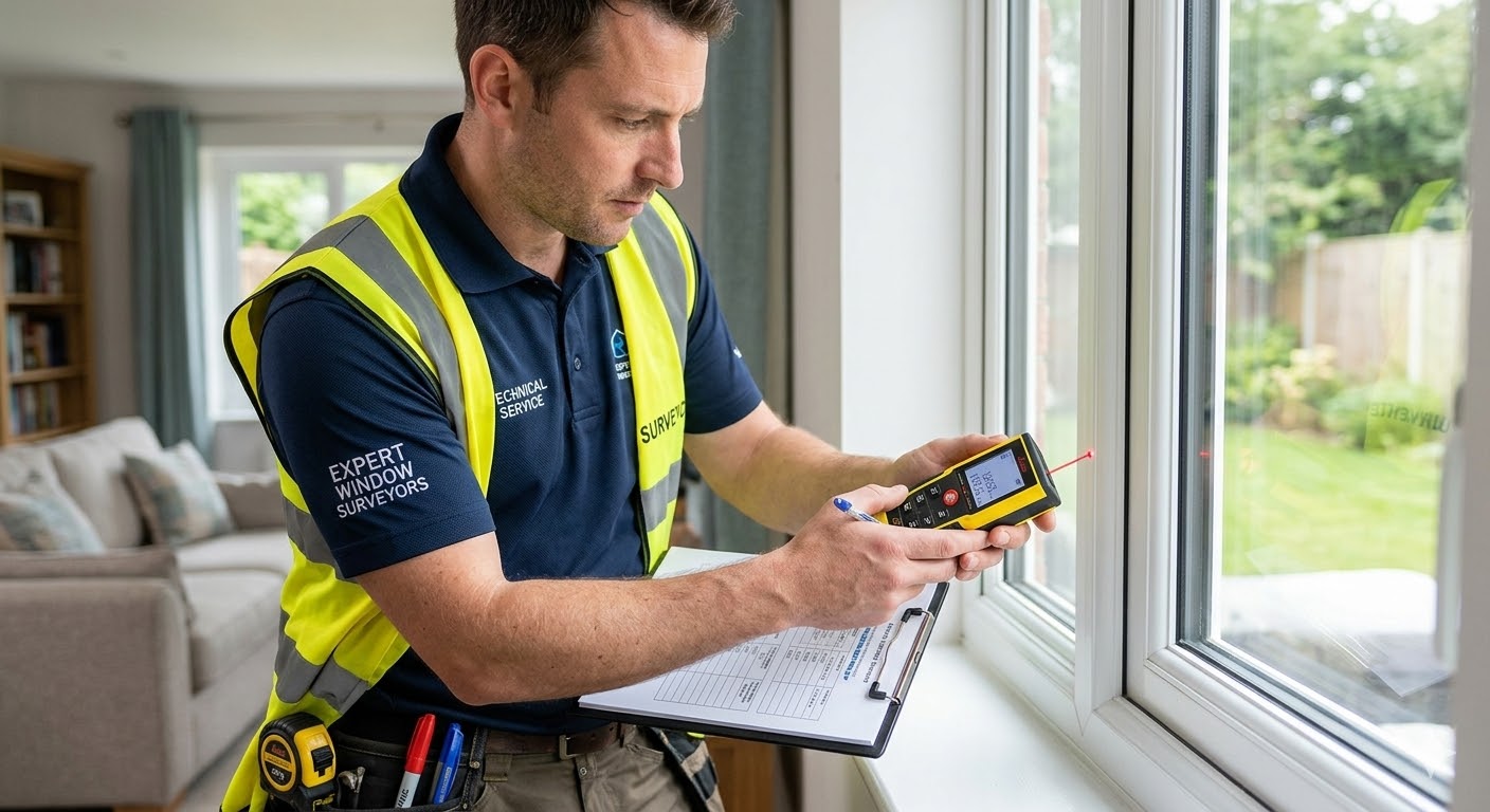 Qualified technical surveyor measuring windows for a no-pressure double glazing quote in Scotland.