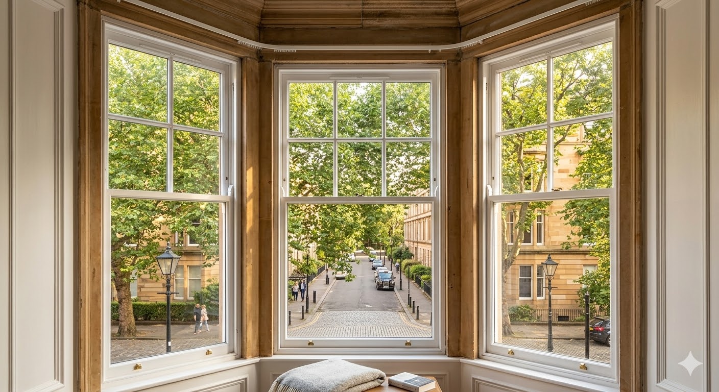 Traditional red sandstone tenement in Glasgow West End upgraded with heritage uPVC double glazing.