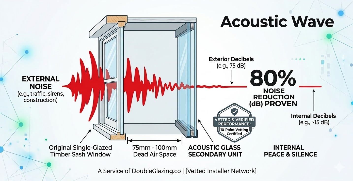 Discreet secondary glazing installed in a listed Scottish tenement for thermal insulation.