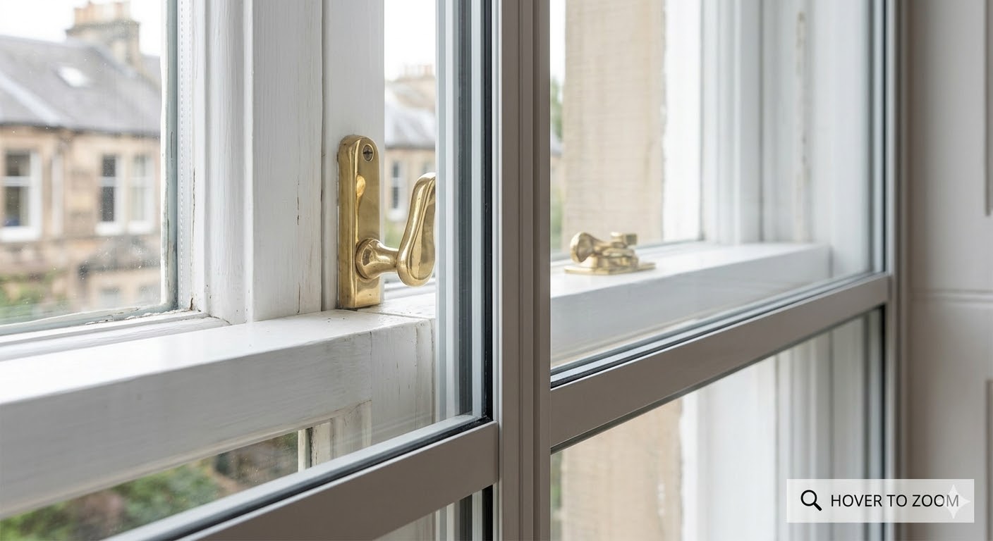 Slimline aluminium secondary glazing sealing drafts in traditional timber sash windows.