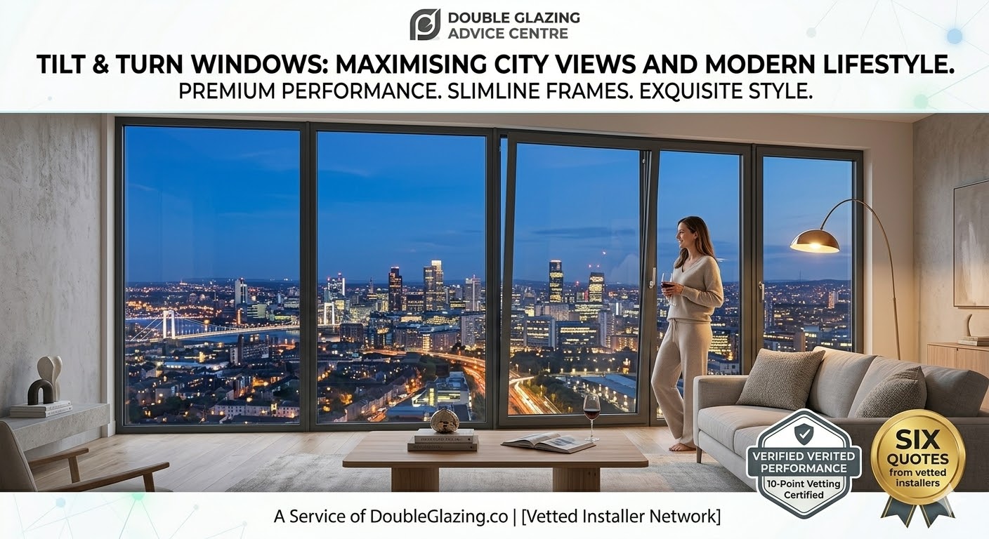 Sleek anthracite grey tilt and turn windows providing secure ventilation in a modern Scottish apartment block.