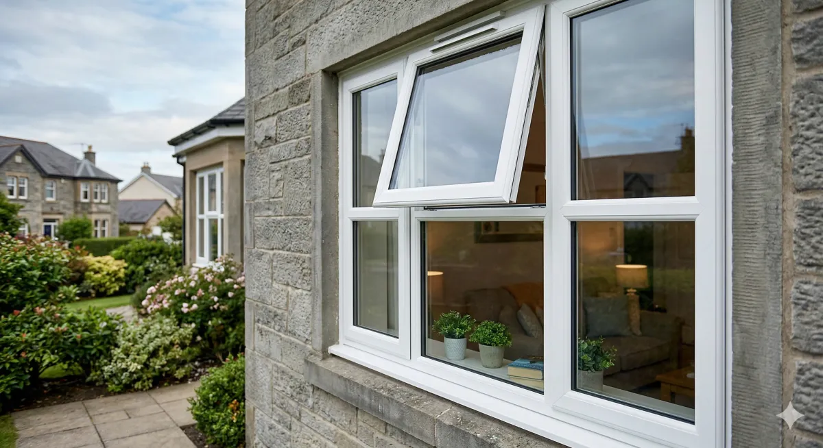 Heritage uPVC vertical sliding sash windows with decorative horns in a Victorian property.
