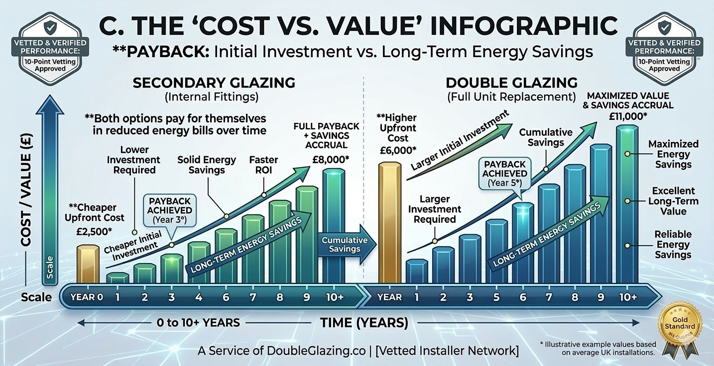 Technical comparison of U-values and thermal efficiency between full replacement double glazing and secondary glazing.