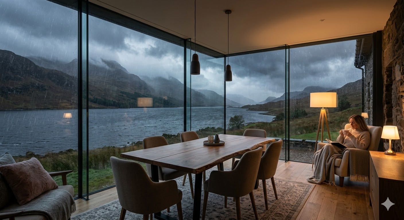 A modern glass room extension featuring ultra-slim aluminium frames for maximum light in Scotland.